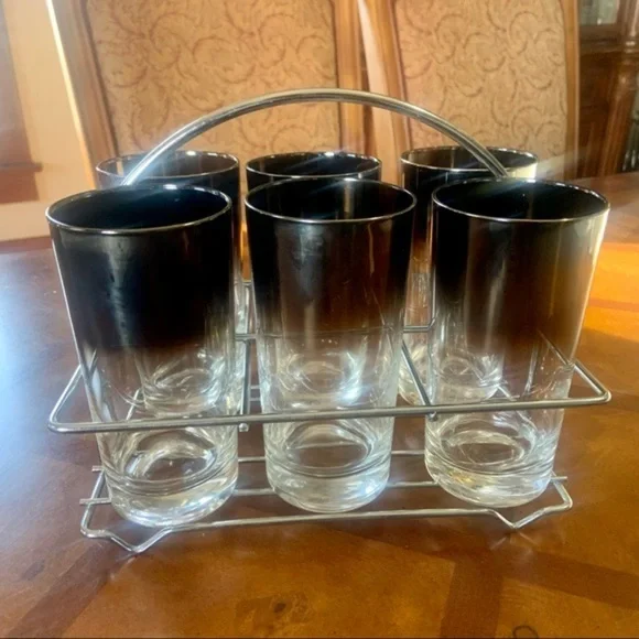 Vintage 50’s Queens Lustreware MCM Gray Silver Fade Ombré Glass Set With Caddy